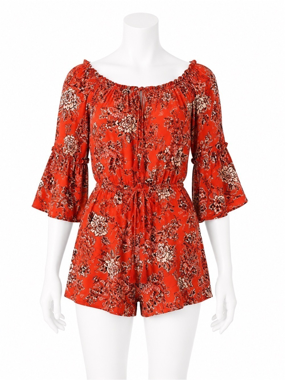 American Eagle AE Boho Floral Off-the-Shoulder Romper Orange Red Bell Sleeve S